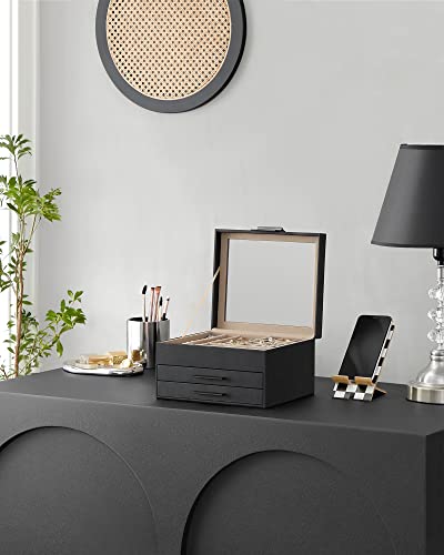 SONGMICS Ékszerdoboz Üveg Tetejű, 3 Rétegű Ékszer Tároló 2 Fiókkal, Ékszer Tárolás, Bőséges Tárolóhely, Modern Stílus, Ajándék Szeretteinek, Grafit Fekete és Ezüst
