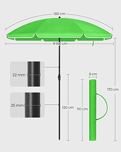 SONGMICS 1,6 m Napernyő, Strand Napernyő, UPF 50+, Napvédelem, Hordozható Nyolcszögű Poliészter Vászon, Üvegszálas Bordák, Döntő Mechanizmus, Hordtáska, Strandhoz, Kertekhez, Erkélyhez, Medencehöz, Zöld