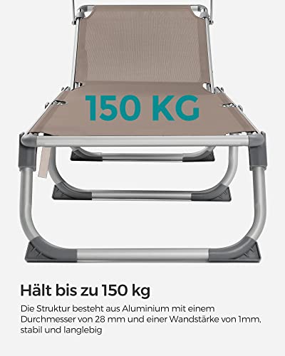 SONGMICS Sun Lounger, Sunbed, Reclining Sun Chair with Sunshade, Adjustable Backrest, Foldable, Lightweight, 55 x 193 x 31 cm, Load Capacity 150 kg, for Garden, Patio, Taupe Colour