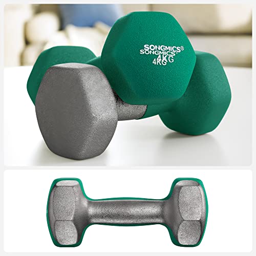 SONGMICS Súlyzókészlet, 2 db 4 kg-os Neoprén Kézsúly, Otthoni Edzéshez, Vízálló és Nem Csúszó Matt Felülettel, 20.5 x 9 cm, Zöld Színben