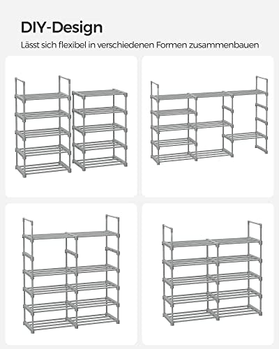 SONGMICS Cipőtartó, 10 szintes fém cipőtároló szervező, testreszabható tervezés, fém váz, helytakarékos állvány, Öltözőbe, Előszobába, 30 x 45 x 174 cm méretben, Szürke színben,
