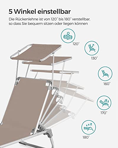 SONGMICS Sun Lounger, Sunbed, Reclining Sun Chair with Sunshade, Adjustable Backrest, Foldable, Lightweight, 55 x 193 x 31 cm, Load Capacity 150 kg, for Garden, Patio, Taupe Colour