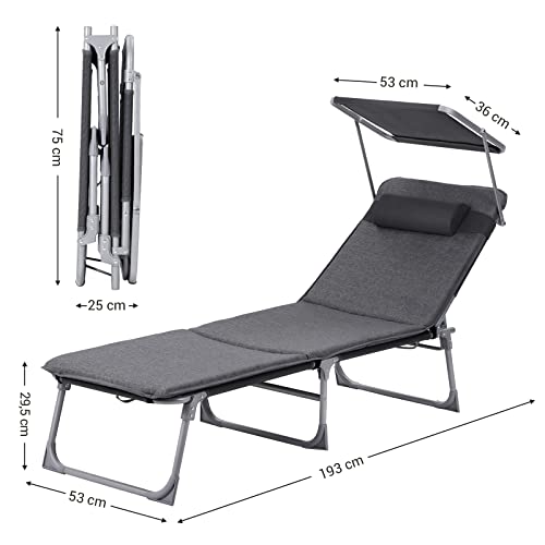 SONGMICS Napozóágy, Napágy, 3 cm vastag Matraccal, Fejtámlával, Dönthető háttámlával, Napellenzővel, Összecsukható, 53 x 193 x 29,5 cm méretben, Maximális terhelhetőség 150 kg, Kertbe, Teraszra, Sötétszürke színben,