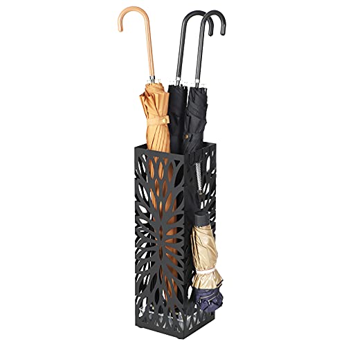 SONGMICS fém esernyőállvány, modern négyzet alakú esernyőtartó állvány, 15,5 x 15,5 x 49 cm, 4 kampóval és kivehető csepptálcával, előszobába, irodába, fekete