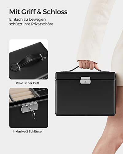 SONGMICS Ékszerdoboz, 4 Szintes Ékszerrendezővel, Zárható Ékszer Tárolótok Fiókokkal, Bársony Béléssel, Fekete