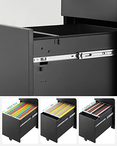 SONGMICS irodai iratszekrény Mobil tárolószekrény kerekekkel és zárral dokumentumokhoz és függő irattartóhoz 3 fiókkal, fekete
