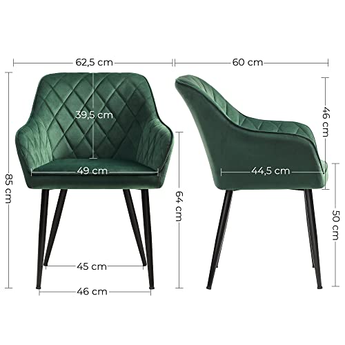 SONGMICS  2 db kárpitozott szék készlet karfával Ülésszélesség 49 cm Fém lábak bársonyhuzat Maximális terhelés 110 kg dolgozószobához nappali hálószoba zöld