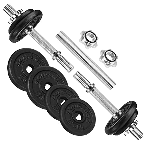 SONGMICS 2 az 1-ben Súlyzókészlet, 2 x 10 kg Öntöttvas Állítható Súlyzók, Plusz Acél Súlyzórud, Fitnesz Edzés, Súlyemelés, Otthoni Edzőteremben, Fekete