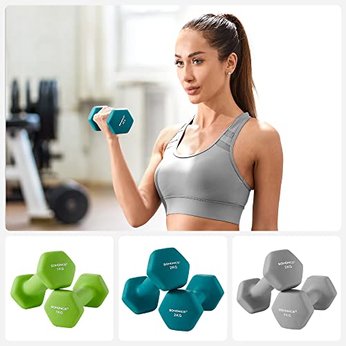 SONGMICS Hexa Súlyzók Készlet Állvánnyal - 2 x 1 kg, 2 x 2 kg, 2 x 3 kg, Neoprene Matt Kivitel, Kézi Súlyok Otthoni Edzéshez, Lime, Tengerzöld és Világosszürke