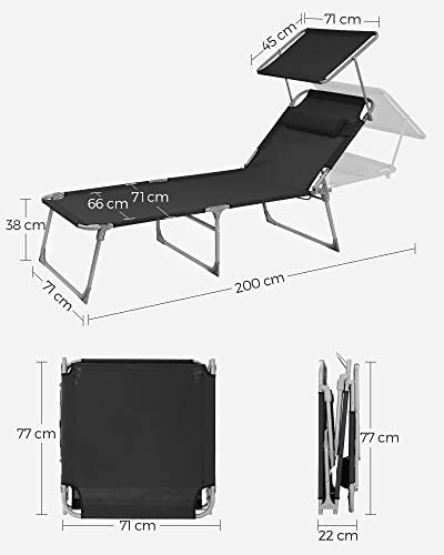 SONGMICS Fekvőszék, Napágy, Nagy Dönthető Napozószék, 71 x 200 x 38 cm, Terhelhetőség 150 kg, Fejtámlával, Dönthető Háttámlával, Napernyővel, Összecsukható, Kertbe, Fekete