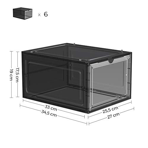 SONGMICS Cipősdobozok, Műanyag cipőtároló szervezők átlátszó ajtókkal, 6 darab készlet, Halmozható, Könnyű összeszerelés, 27 x 34,5 x 19 cm méretben, 44-es méretig, Fekete színben,