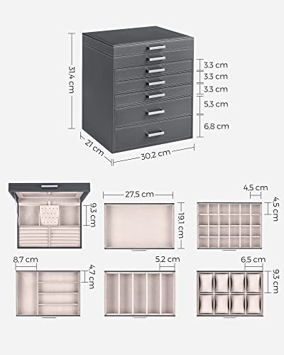 SONGMICS Ékszerdoboz, Ékszer Rendező, Nagy Ékszeresdoboz, 6 Szinttel és 5 Fiókkal,