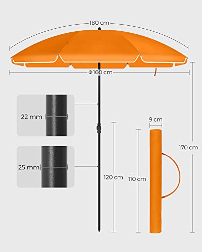SONGMICS 1,6 m Napernyő, Strand Napernyő, UPF 50+, Napvédelem, Hordozható Nyolcszögű Poliészter Vászon, Üvegszálas Bordák, Döntő Mechanizmus, Hordtáska, Strandhoz, Kertekhez, Erkélyhez, Medencehöz, Narancssárga