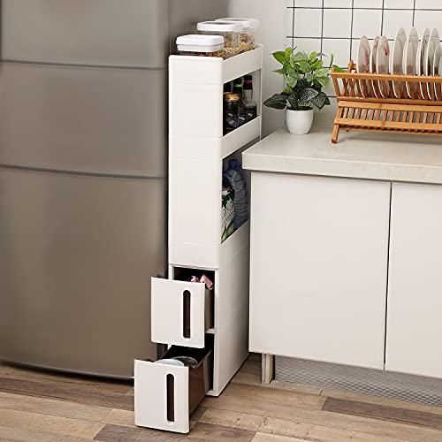 SONGMICS keskeny 3 polcos 2 fiókos süllyesztett szekrény kerekekkel a konyhához, fürdőszobához és pincéhez 17 cm széles fehér , 45 x 17 x 106,5 cm