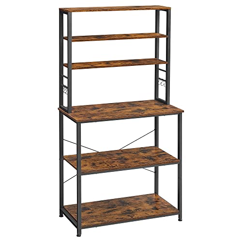 VASAGLE Konyhai Polc, Álló Polc a Konyhához, Mikrohullámú Polc, Álló, 6 Polccal és 6 Akasztóval, Mikrohullámúhoz, Acél Kerettel, Ipari Design, 40 x 80 x 167 cm, Vintage Barna-Fekete