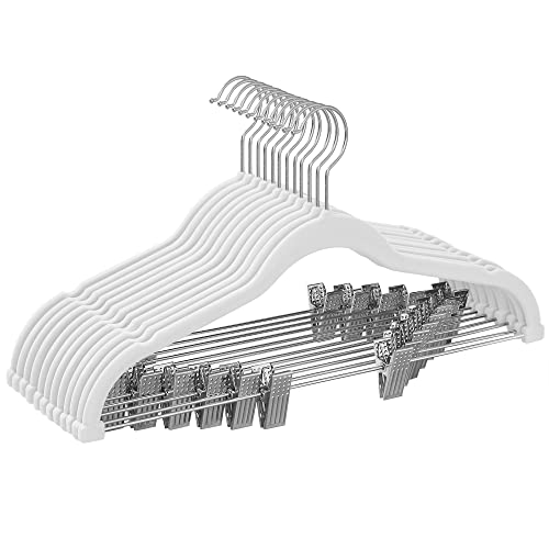 SONGMICS Nadrágtartók, 12 darab Velúr Nadrágtartó állítható csipesszel, 42,5 cm hosszú, csúszásmentes, helytakarékos, szoknyákhoz, kabátokhoz, ruhákhoz, Fehér