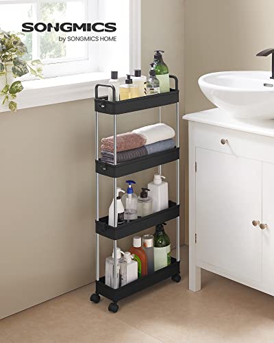 SONGMICS Tároló Kocsi, 4 Szintes Konyhai Tároló Kocsi, Szűk Résszel Fürdőszoba Kocsi, Kerekekkel és Fogantyúkkal, 40 x 13 x 93 cm méretben, Fekete színben,