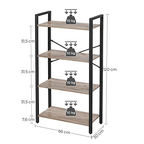 VASAGLE 4 szintes könyvespolc, tároló állvány acél vázzal, 120 cm magas, nappalihoz, irodához, tanulóhoz, folyosóhoz, ipari stílusban, greige és fekete