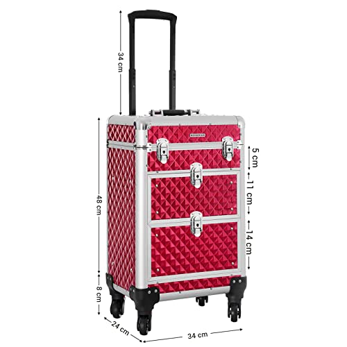 SONGMICS Travel Accessories Rolling Trolley Cosmetic Case ABS Red 34 x 27 x 57 cm