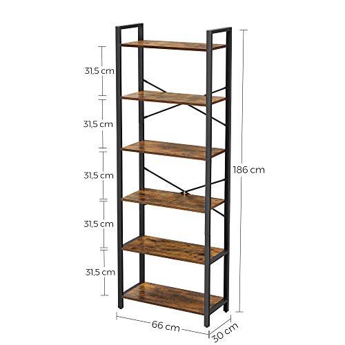 VASAGLE Könyvespolc, 6 Szintes Polc Egység Acél Vázzal, Magas Rusztikus Polcok Nappaliba, Irodába, Tanulóba, Előszobába, Ipari stílusban, 66 x 30 x 186 cm méretben, Rusztikus Barna és Fekete színben,