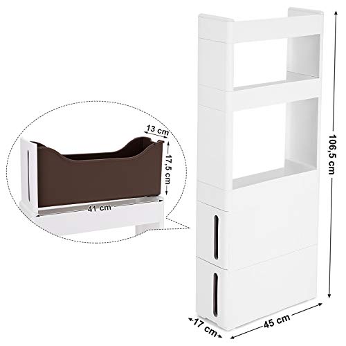 SONGMICS keskeny 3 polcos 2 fiókos süllyesztett szekrény kerekekkel a konyhához, fürdőszobához és pincéhez 17 cm széles fehér , 45 x 17 x 106,5 cm