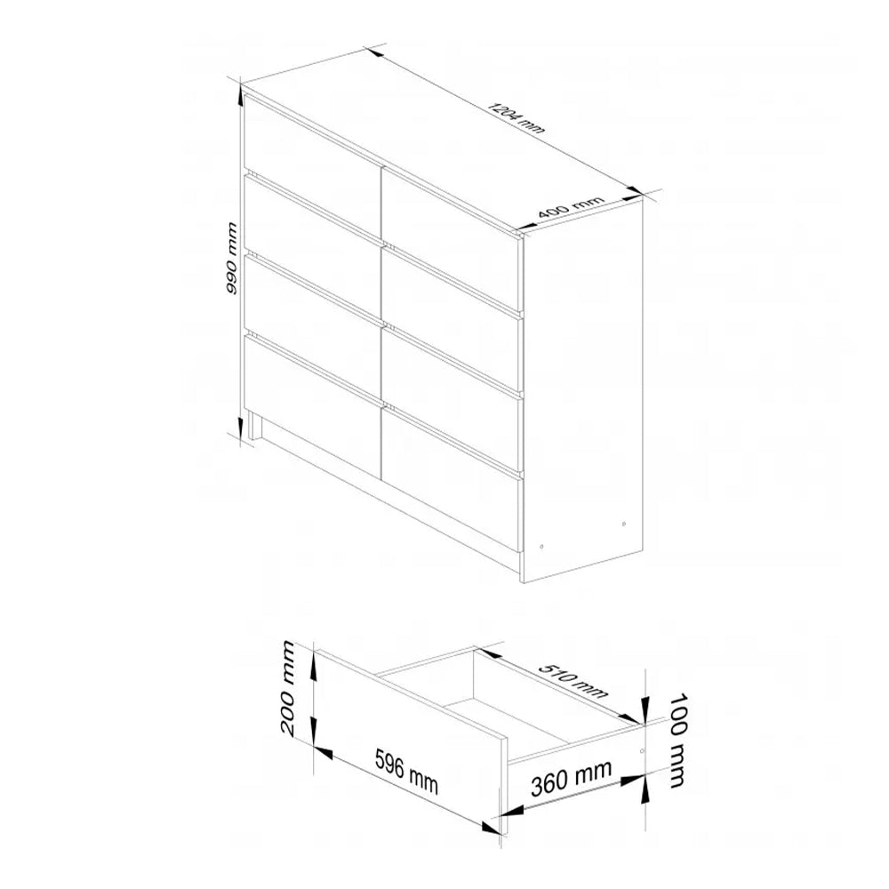 Komód 8 fiókkal 120 x 99 x 40 cm fehér