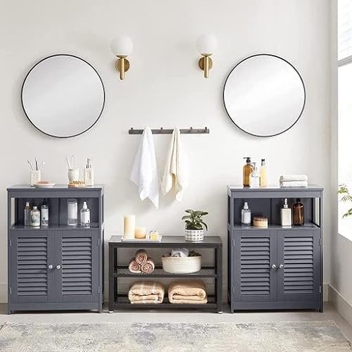 VASAGLE Fa fürdőszobai padlószekrény tároló szervező polc, konyhaszekrény szabadon álló, dupla redőnyös ajtóval, szürke színben