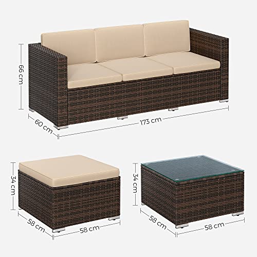 SONGMICS  Erkély Bútor Kerti Bútor Készlet PE Polyrattan Ülőhely Szett Párnákkal és Üveg Asztallal, Patio Bútor Sarokkanapé Kültéri Használatra, Erkélyhez, Kerthez Barna Taupe