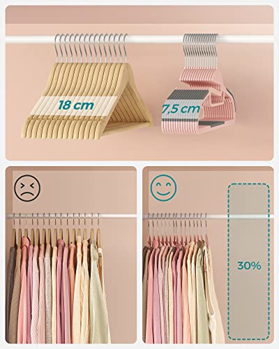 SONGMICS Set of 20 Plastic Hangers, Coat Hangers with U-Shaped Opening, Non-Slip, Space-Saving, 0.5 cm Thick, 41.5 cm Long, 360° Swivel Hook, Pink and Dark Grey