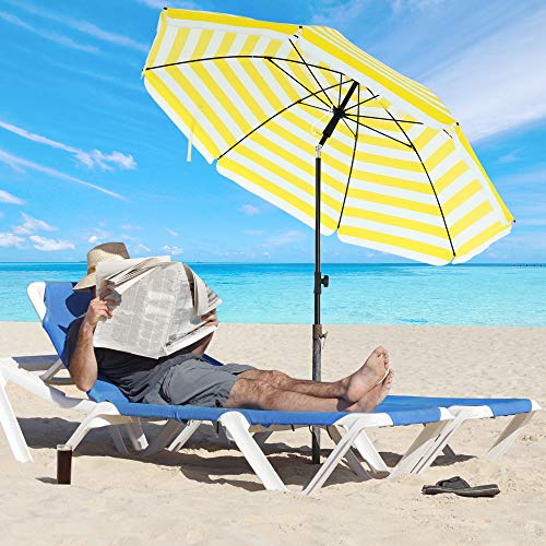 SONGMICS 1,6 m Napernyő, Strand Napernyő, Napvédelem UPF 50+ -kal, Hordozható Nyolcszögű Vászon, Döntő Mechanizmus, Légnyílás, Hordtáska, Strandhoz, Kertekhez, Erkélyhez, Medencehöz, Sárga és Fehér Csíkok