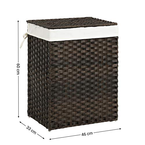 SONGMICS Kézzel Szőtt Ruhakosár, 23,8 Gal (90L) Szintetikus Rattan Ruhakosár Tetejével és Fogantyúkkal, Összehajtható, Leszerelhető Bélészsákkal, Barna U