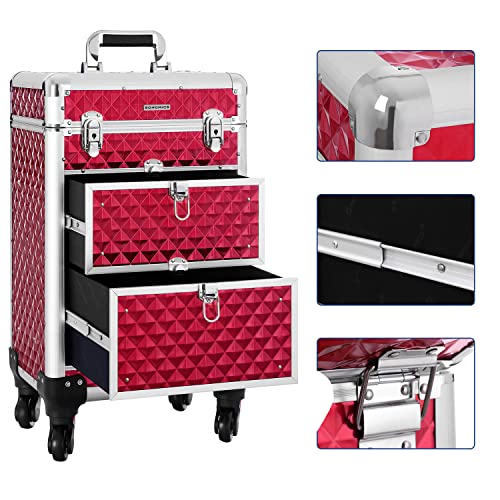 SONGMICS Travel Accessories Rolling Trolley Cosmetic Case ABS Red 34 x 27 x 57 cm