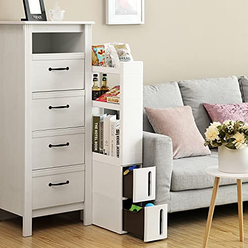 SONGMICS keskeny 3 polcos 2 fiókos süllyesztett szekrény kerekekkel a konyhához, fürdőszobához és pincéhez 17 cm széles fehér , 45 x 17 x 106,5 cm