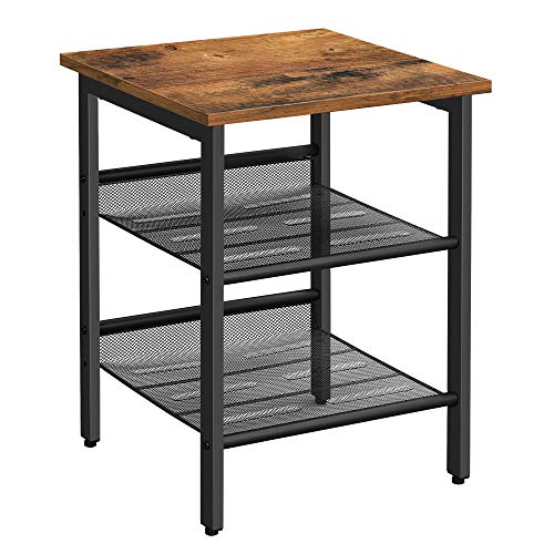 VASAGLE Asztal, Éjjeli szekrény, Végződésű Asztal 2 állítható hálós polccal, Egyszerű összeszerelés, Ipari stílus, Nappalihoz, Hálószobához, Stabil acélváz, Régies barna és fekete