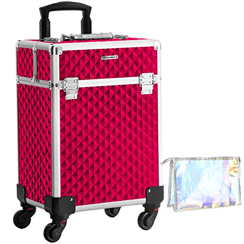 SONGMICS  Cosmetic Case Trolley Makeup Case with Handle with 4 Universal Wheels with 4 Extendable Compartments for Travel Red