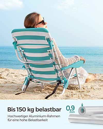SONGMICS Tengerparti Szék, Összecsukható Kemping Szék, Hordozható Szabadtéri Szék, Hátkárpitként Hordozható, Állítható Háttámlával, Fejtámlával, Kartámasszal, 2 Oldalzsebbel, Zöld és Fehér