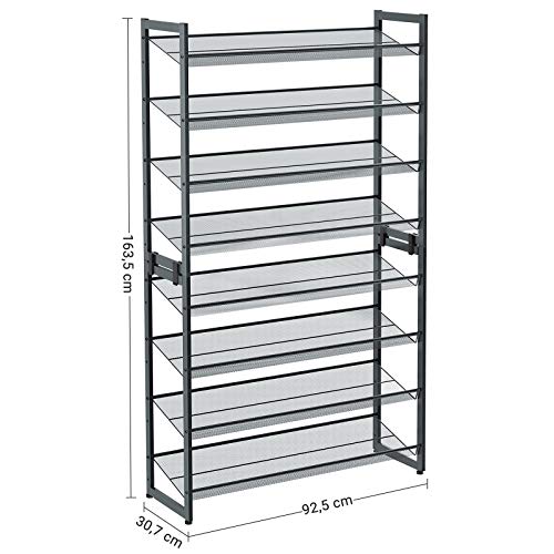 SONGMICS 8-Szintes Cipőtartó, 2 db Egymásba Illeszthető 4-Szintes Cipőtároló, Fém Háló Cipőpolc Tárolás, Állítható Lapos vagy Dőlt Polcok, Cool Grey