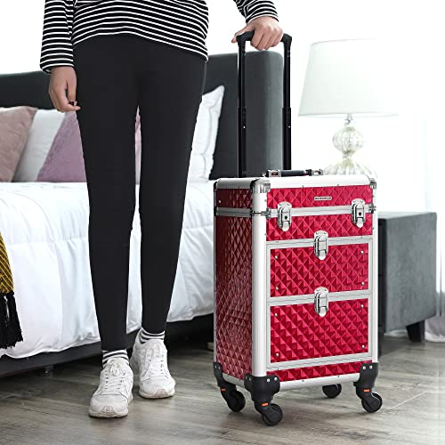 SONGMICS Travel Accessories Rolling Trolley Cosmetic Case ABS Red 34 x 27 x 57 cm