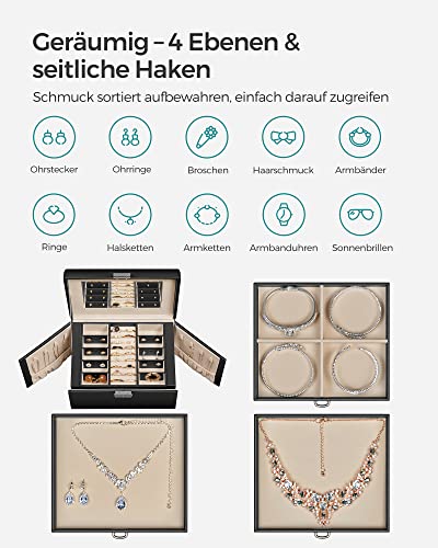 SONGMICS Ékszerdoboz, 4 Szintes Ékszerrendezővel, Zárható Ékszer Tárolótok Fiókokkal, Bársony Béléssel, Fekete