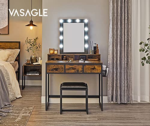 VASAGLE Sminkasztal Hokedlivel, Sminkasztal 10 LED Fényforrással Tükrével, Állítható Fényerővel, Hálószoba Sminkasztal Ipari Design Vintage Barna-Fekete