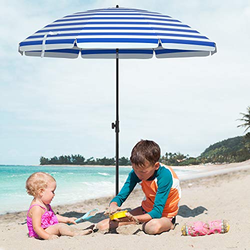 SONGMICS 2 m Napernyő, Strand Napernyő, Napvédelem UPF 50+ értékkel, Hordozható Nyolcszögletű Vászon, Döntő Mechanizmus, Légszellőző, Hordtáska, Tengerpartra, Kertekbe, Erkélyre, Medencéhez, Kék és Fehér Csíkokkal