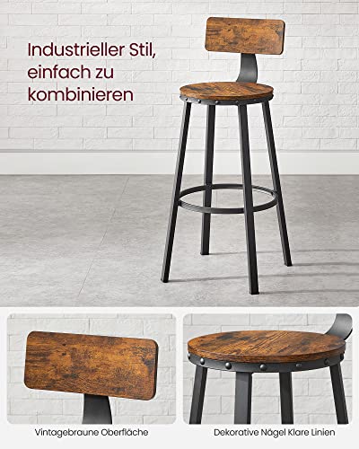 2 db-os bárszék készlet, konyhai szék, 2 db magas szék támlával, acél szerkezetű, ülőmagasság 73 cm, könnyen összeszerelhető, ipari kivitel, rusztikus barna és fekete, 54 x 99 cm, VASAGLE