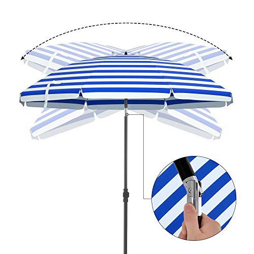 SONGMICS 2 m Napernyő, Strand Napernyő, Napvédelem UPF 50+ értékkel, Hordozható Nyolcszögletű Vászon, Döntő Mechanizmus, Légszellőző, Hordtáska, Tengerpartra, Kertekbe, Erkélyre, Medencéhez, Kék és Fehér Csíkokkal