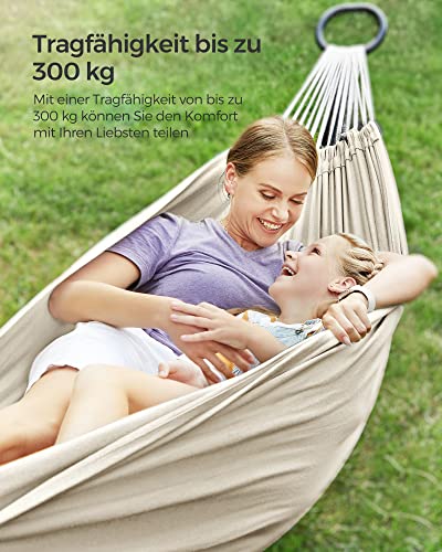 SONGMICS 210 x 150 cm Pamut Függőágy, Hordozható Kültéri Kempingezéshez és Kertben Alváshoz, 300 kg Terhelhetőség