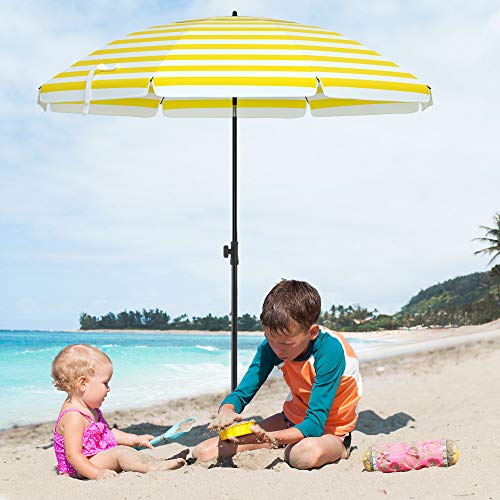SONGMICS 1,6 m Napernyő, Strand Napernyő, Napvédelem UPF 50+ -kal, Hordozható Nyolcszögű Vászon, Döntő Mechanizmus, Légnyílás, Hordtáska, Strandhoz, Kertekhez, Erkélyhez, Medencehöz, Sárga és Fehér Csíkok