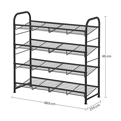 SONGMICS 4 Szintes Cipőtartó, Összecsukható Cipő Szervező, 16 Pár Cipőt Bír, Acél, 68.5 x 27.5 x 65 cm, Magassarkúhoz, Edzőcipőkhöz, Papucsokhoz, Előszobába, Fekete