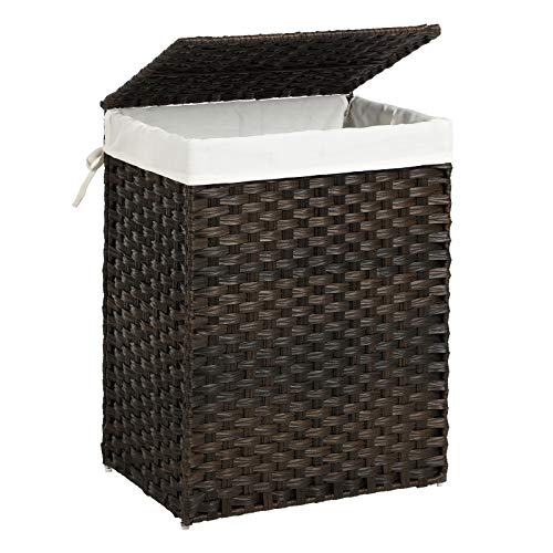 SONGMICS Kézzel Szőtt Ruhakosár, 23,8 Gal (90L) Szintetikus Rattan Ruhakosár Tetejével és Fogantyúkkal, Összehajtható, Leszerelhető Bélészsákkal, Barna U