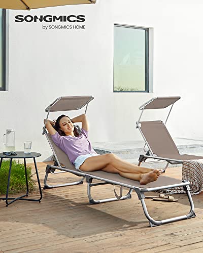 SONGMICS Sun Lounger, Sunbed, Reclining Sun Chair with Sunshade, Adjustable Backrest, Foldable, Lightweight, 55 x 193 x 31 cm, Load Capacity 150 kg, for Garden, Patio, Taupe Colour