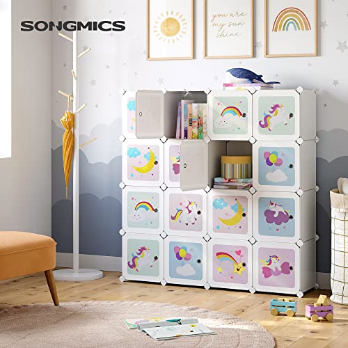 SONGMICS Kocka Polc Sokoldalú Szekrény 16 Kockával, Ajtós Polc Rendszer, Ruhatár Cipőtartó Műanyag Gyerekeknek Cipőkhöz Játékokhoz 123 x 31 x 123 cm, Fehér