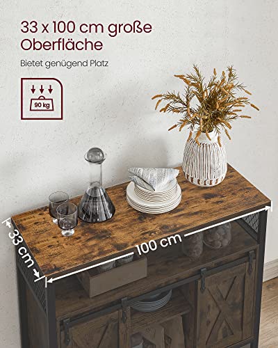 VASAGLE Ebédlő Sideboard, Konyhaszekrény, Tárolószekrény, Büféasztal Tolóajtókkal, Állítható Polccal, Ipari Stílusban, Nappalihoz, Rustikus Barna és Fekete